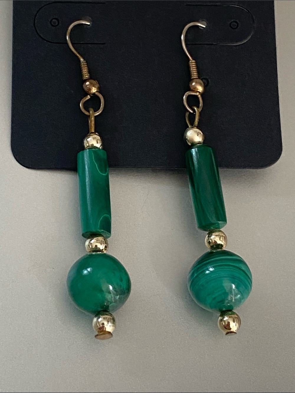 Vintage malachite stone Green Bead Drop slider pierced Earrings